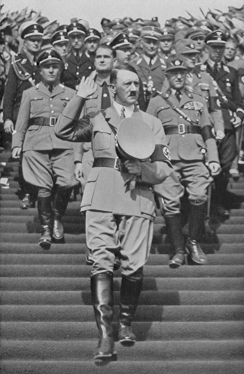 Adolf Hitler walks down the steps to the Zeppelinfeld during Reichsparteitag